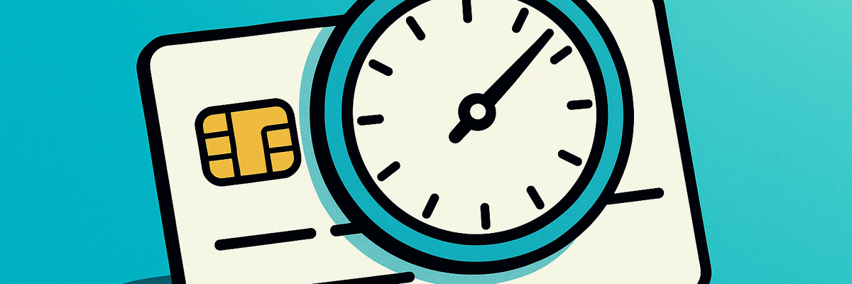 A cartoon stop watch on top of a credit card on a light blue background.
