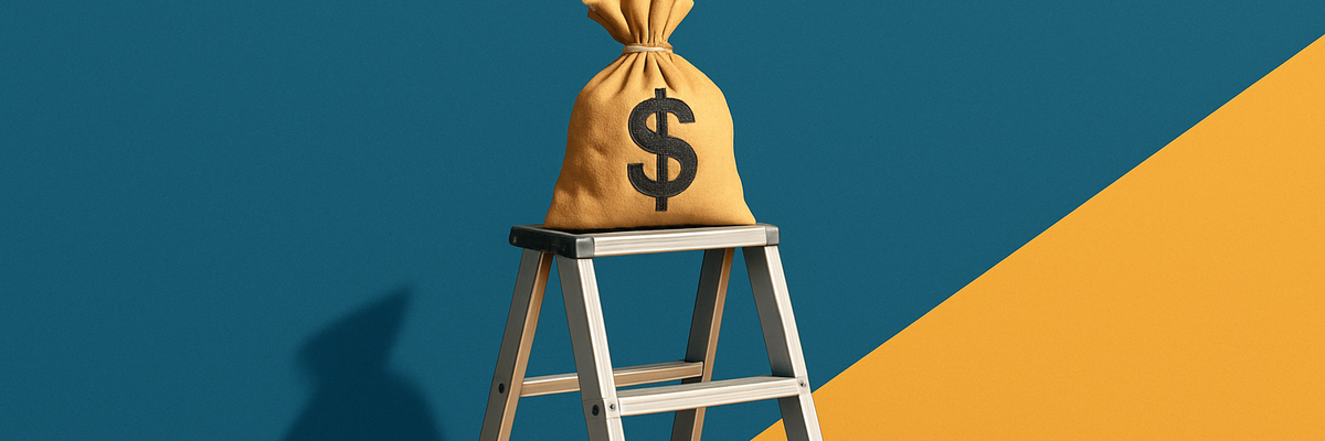 A burlap bag marked with a dollar sign sits on top of a step ladder.