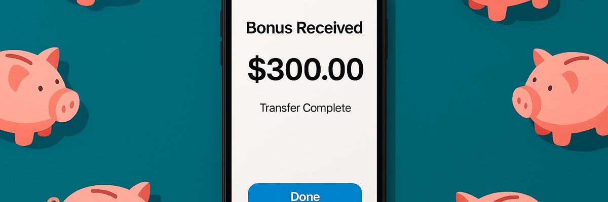 A cell phone screen showing $300 bonus received on piggy bank style background.