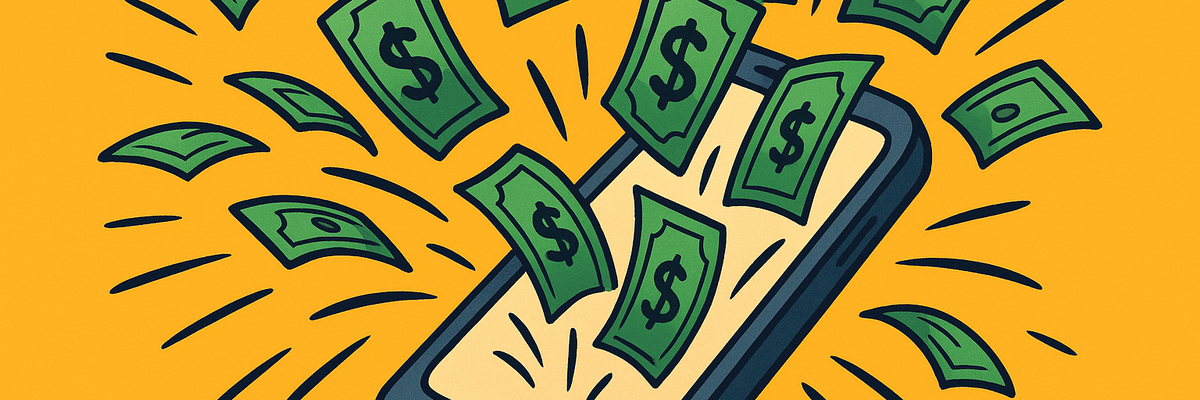 A cell phone with dollar bills exploding out of screen on a yellow background.
