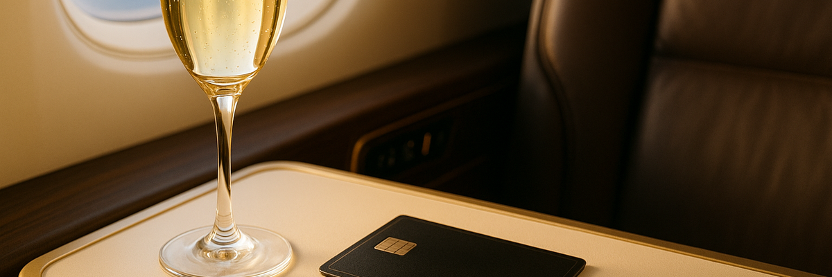 A champagne glass with generic black credit card in first class plane seat.