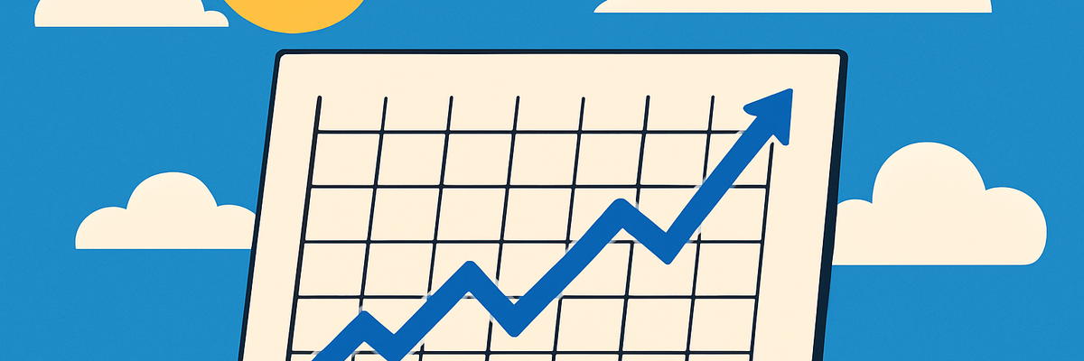 An upward trending chart on a blue background with clouds and sunny sky.