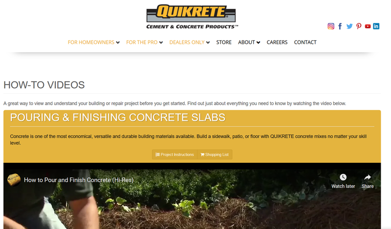 Quikrete landing page showing a promotional video of how to pour Quikrete.