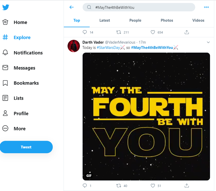 A screenshot of a Twitter post that appears when searching for #MayThe4thBeWithYou.