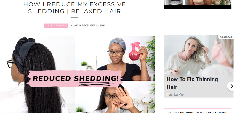 The Hairlicious website with a related hair care ad to the right of a blog post.
