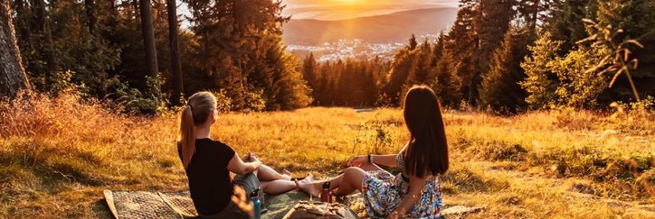 Two women sitting on a picnic blanket on a tree-lined hill overlooking a sunset.