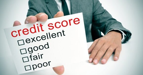 Businessman holding card that says credit score, with categories ranging from excellent to poor.