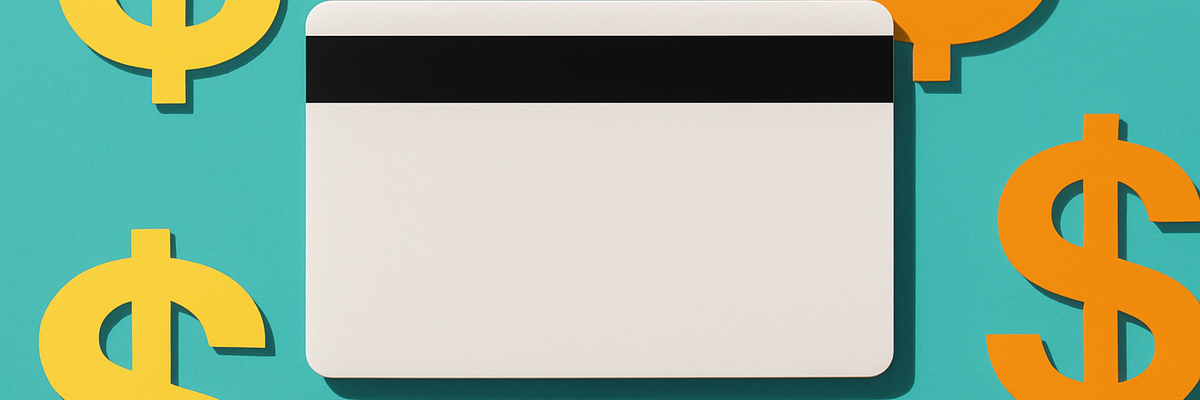 The back of a credit card on a teal background with yellow and orange dollar signs.