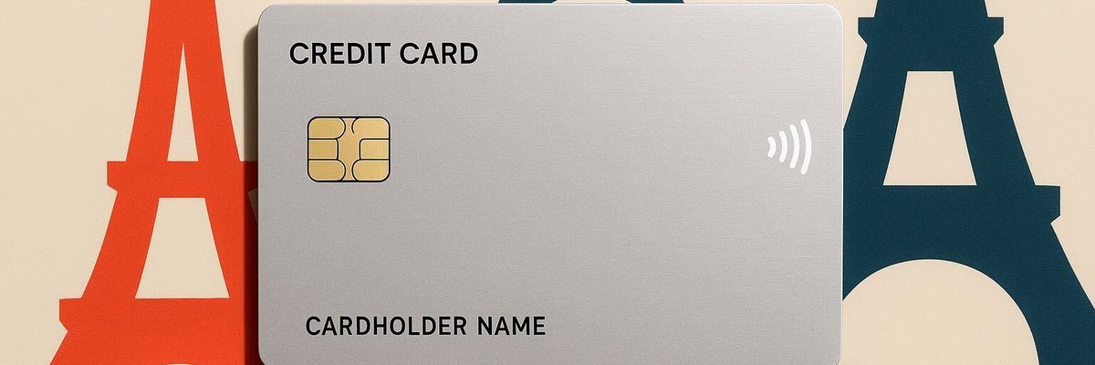 A generic silver credit card on beige background with Eiffel Towers.