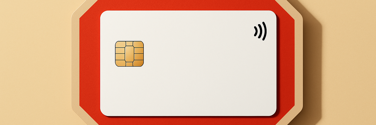 A generic white credit card on top of a stop sig with beiger background.