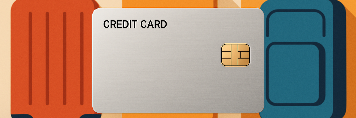 A plain silver credit card on a background featuring various luggage.