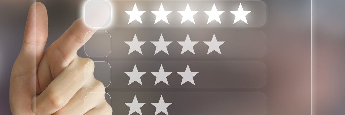 A screen reading Credit Rating with options of one to five stars with a finger pointing to five stars.