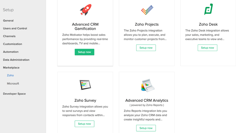 Zoho CRM screen showing different integration options.