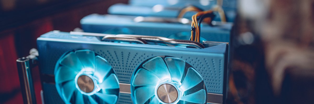 Computer components that are part of a cryptocurrency mining rig.