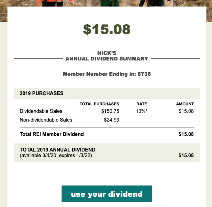 Screenshot of my REI dividend summary email.