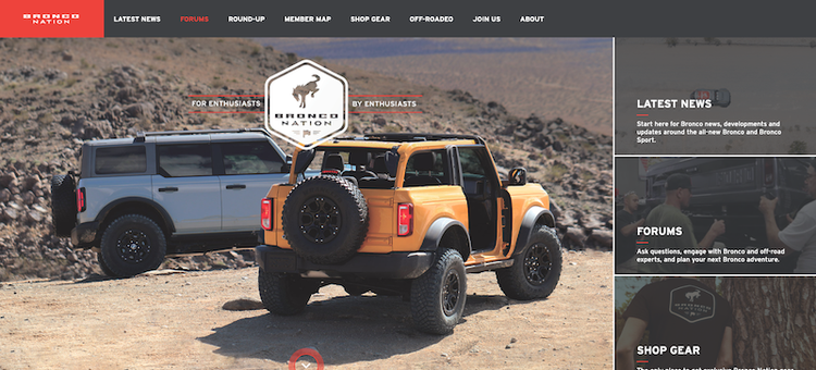 Screenshot of the Ford Bronco Nation community homepage, showing two new Broncos.