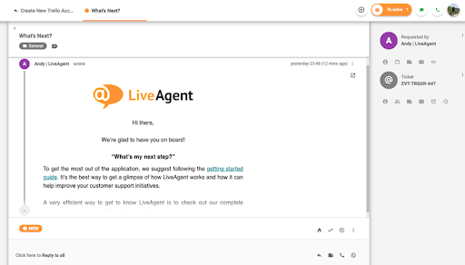 LiveAgent message screen showcasing the task tabs feature