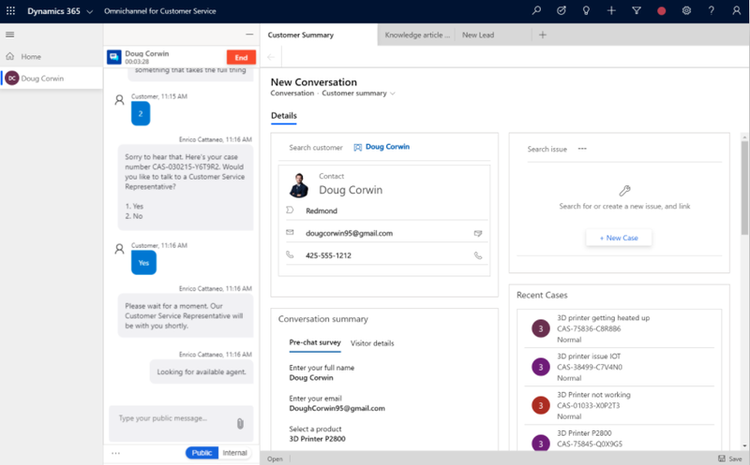 Microsoft Dynamics 365 customer chat, resource support, and knowledge base search in one window.