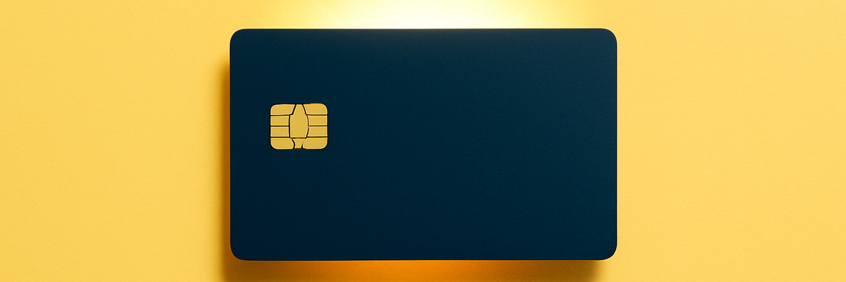 A dark blue generic credit card with sunbeam effect behind it on yellow background.