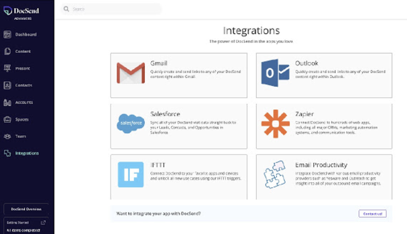 DocSend integration functionality with connections to Gmail, Salesforce, Zapier, etc.