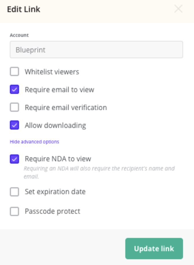 Screenshot of the DocSend permissions feature.