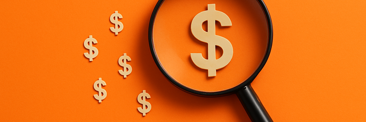 Dollar signs on a plain orange background with a magnifying glass hovered over one sign.
