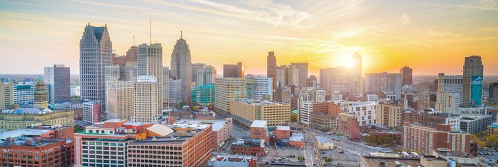 An aerial view of Detroit, Michigan, at sunset.