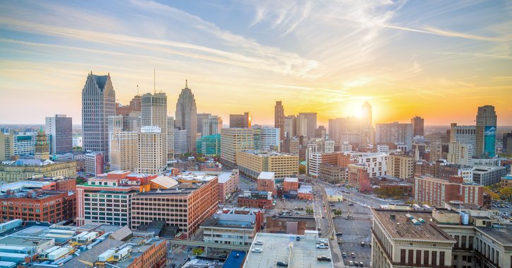 An aerial view of Detroit, Michigan, at sunset.