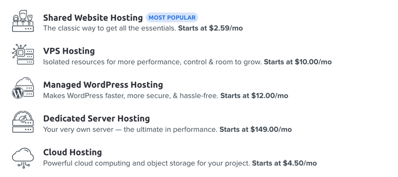 DreamHost’s various plan options for web hosting.