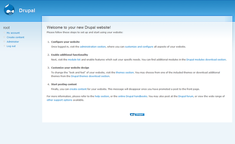 Drupal onboarding screen with instructions on how to install and configure Drupal.