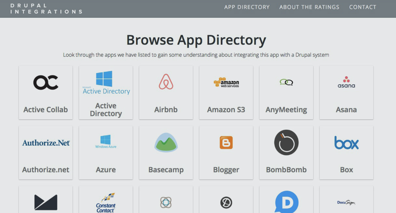 The Drupal app directory showing add-on tools in a grid along with their icons.