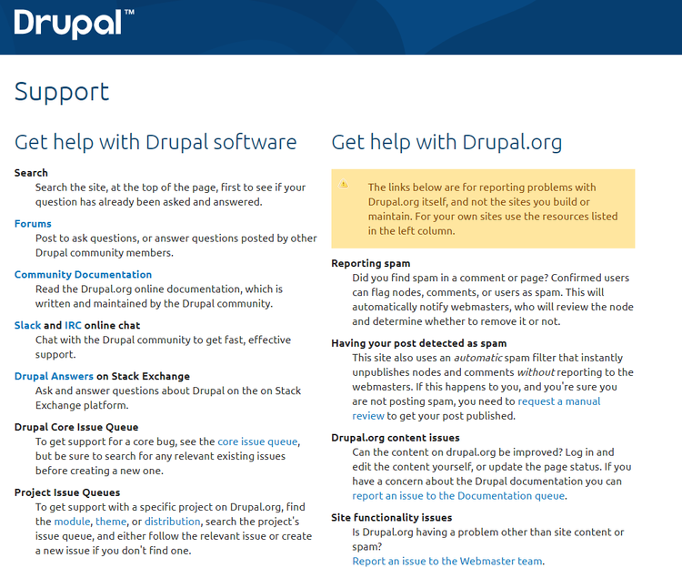 Drupal support page showing different help resources including forums, documentation, Slack group, etc.