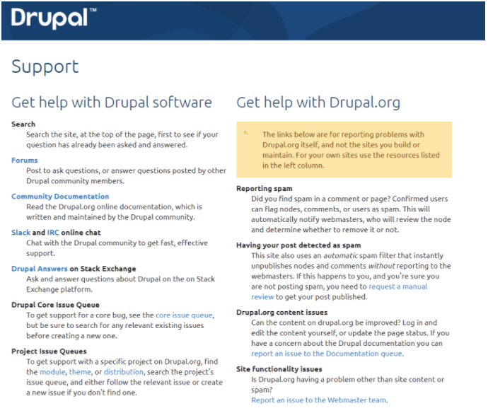 Foros de soporte de Drupal para la solución de problemas con información sobre cada sección.