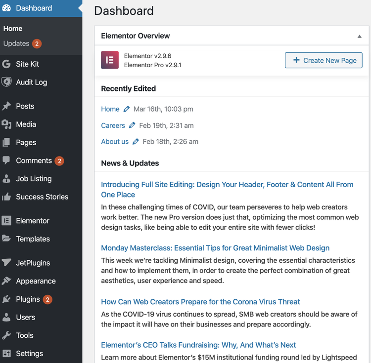 WordPress screenshot of the home dashboard and side toolbar with updates, pages, templates, tools, etc.