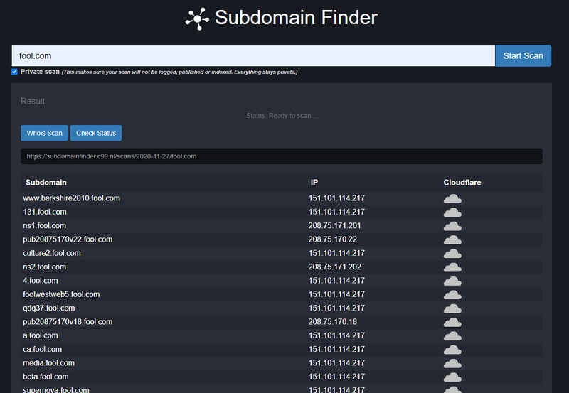 The subdomain checker finds subdomains for a known domain name.