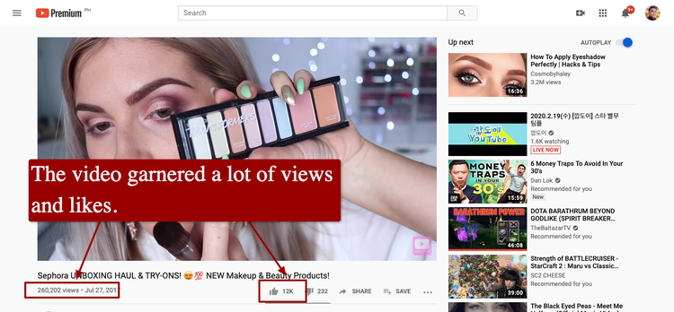A screenshot of a Sephora collaboration with YouTuber Shaaanxo for an unboxing video.