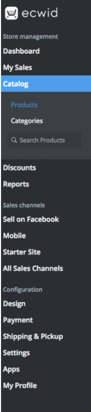 A screenshot of a vertical toolbar with links to sales, reports, selling channels, settings, and more.