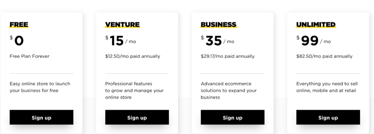 Screenshot of Ecwid’s four pricing plan options: Free ($0/month), Venture ($15/month), Business ($35/month) and Unlimited ($99/month)