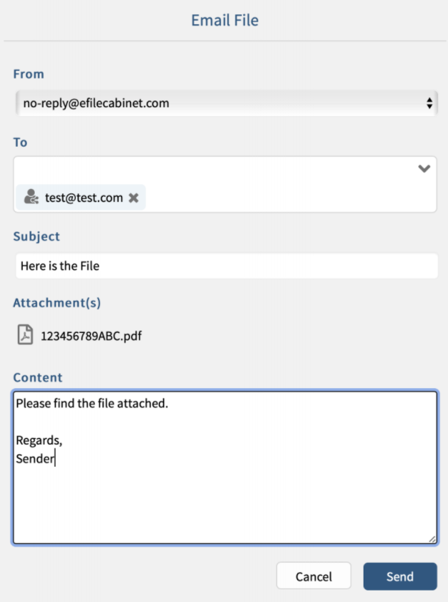 The eFileCabinet email feature with fields for From, To, Subject, Attachment(s) and Content.