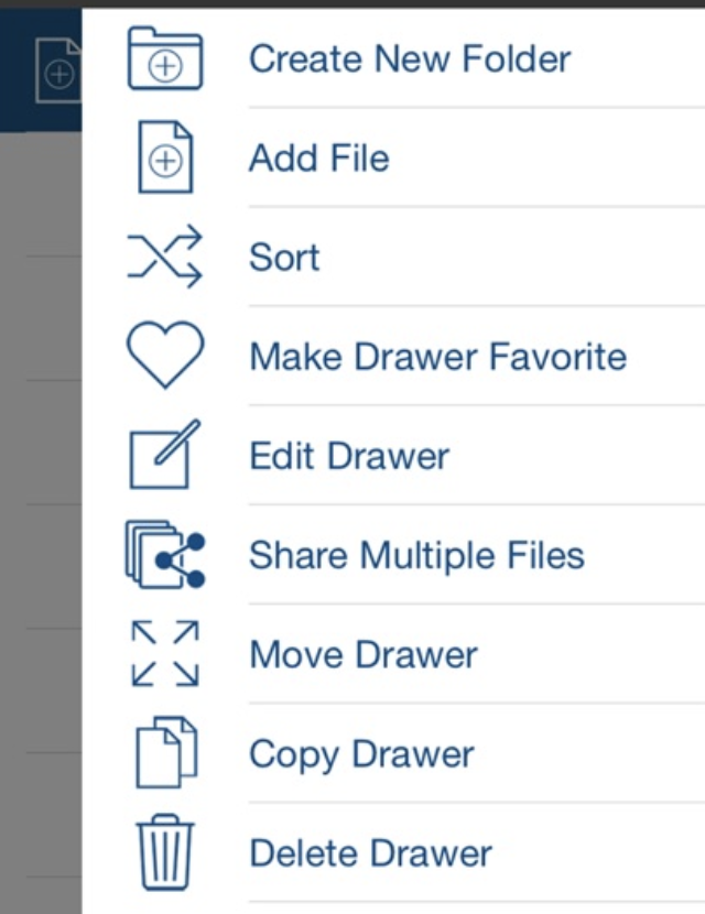 Vertical toolbar for folder functions including Create New Folder, Add File, Edit Drawer and more.