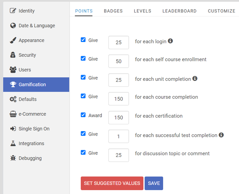 Settings for setting points, badges, levels, and other gamification features.