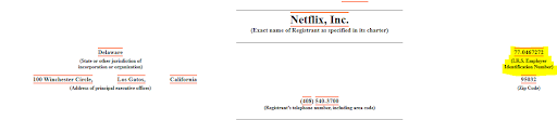 Employer Identification Number on Netflix's recent 10-Q