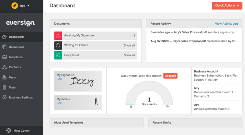 The eversign dashboard shows helpful use statistics.