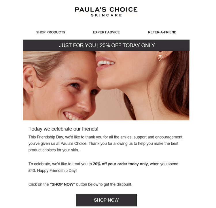 An email from skincare brand Paula’s Choice providing a 20% discount code.