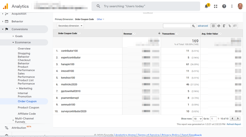 Screenshot from the Order Coupon view in Google Analytics.