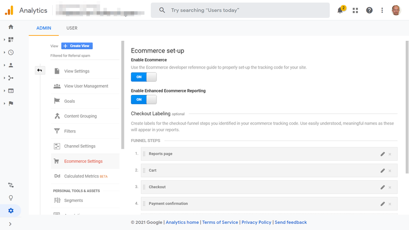 Screenshot from the Enhanced Ecommerce setup in Google Analytics.