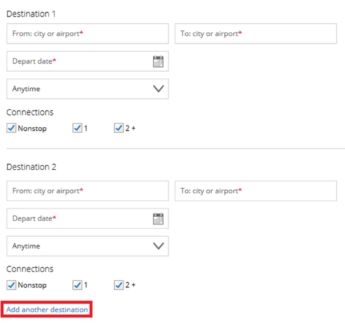 entering destination details and clicking "Add another destination"