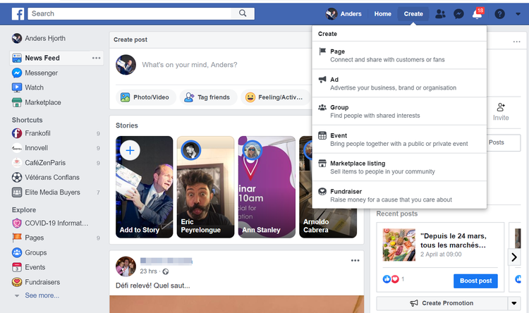 Screenshot of Facebook Create Menu