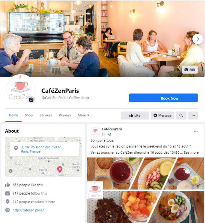A screenshot of the Facebook page of a café in Paris, France.
