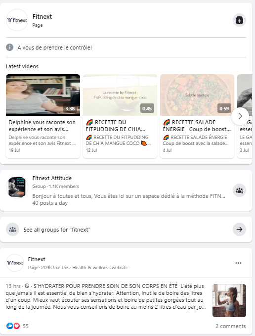 A screenshot of a Facebook search for Fitnext showing the business page and the Fitnext Attitude community group.